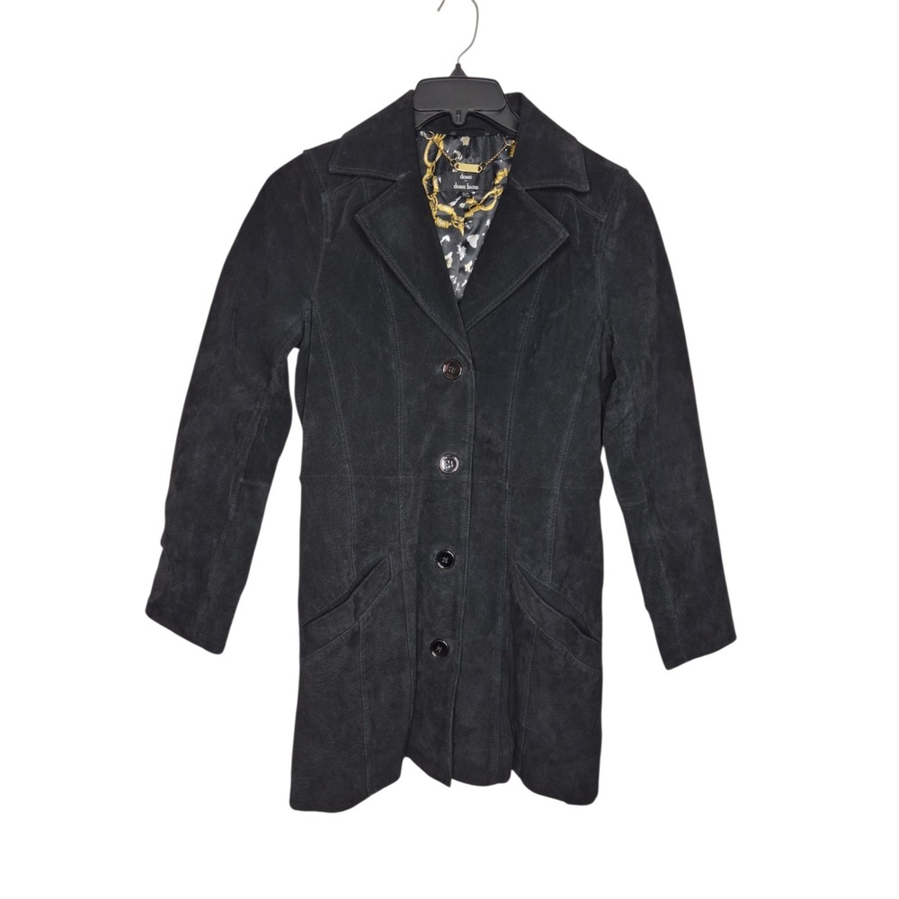 Vintage Dennis Basso Black Suede Leather Jacket Womens XXS Baroque Chain Lining
